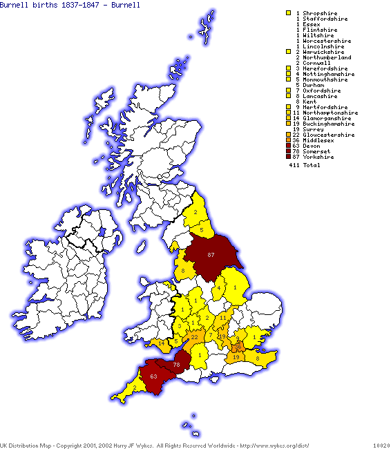 Map of Burnell births 1837-1847
